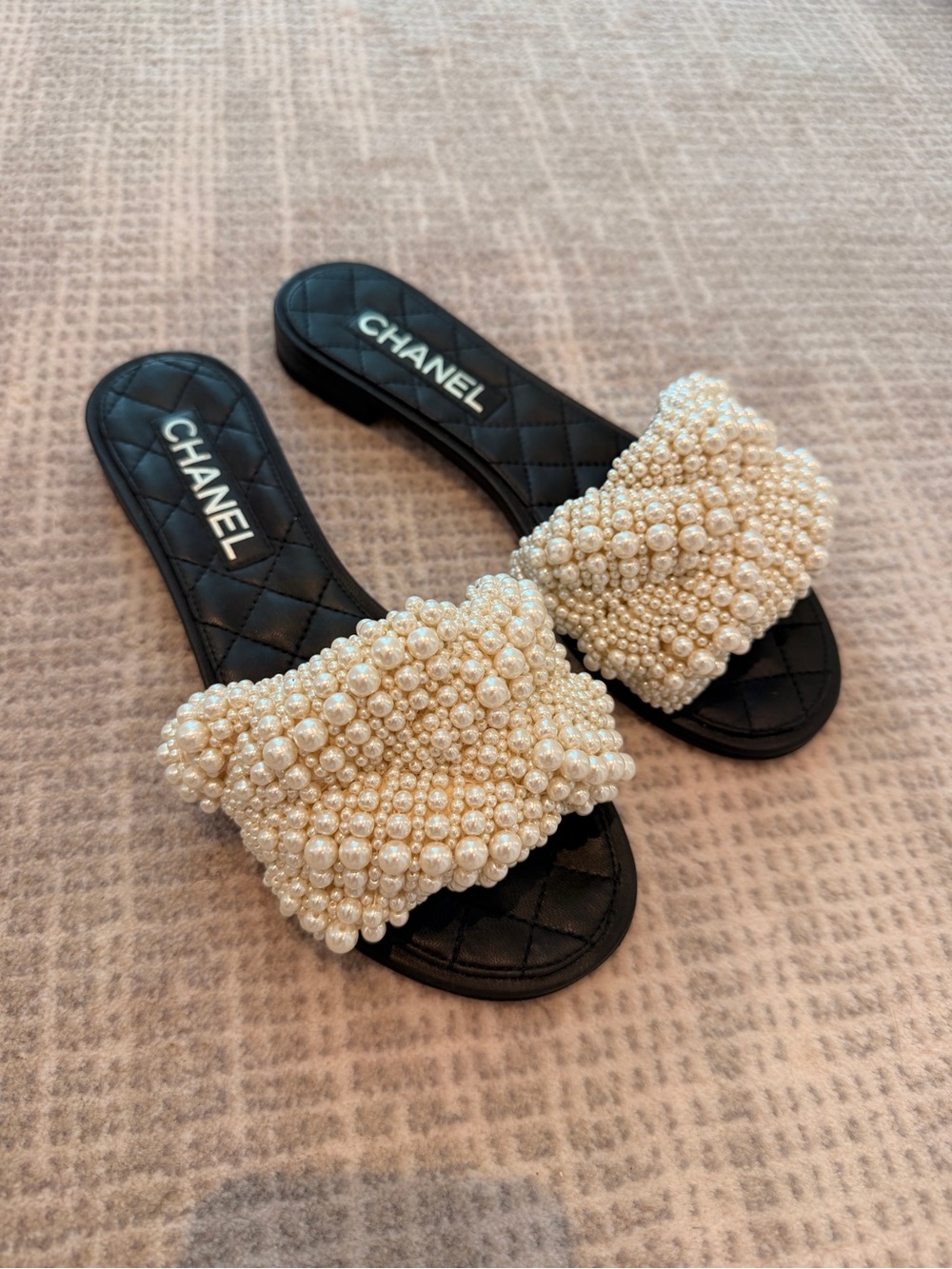 CHANEL Black Quilted Slide Mules with Pearl Embellished Strap - Picture 3 of 4
